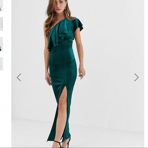 Velvet green one shoulder maxi dress